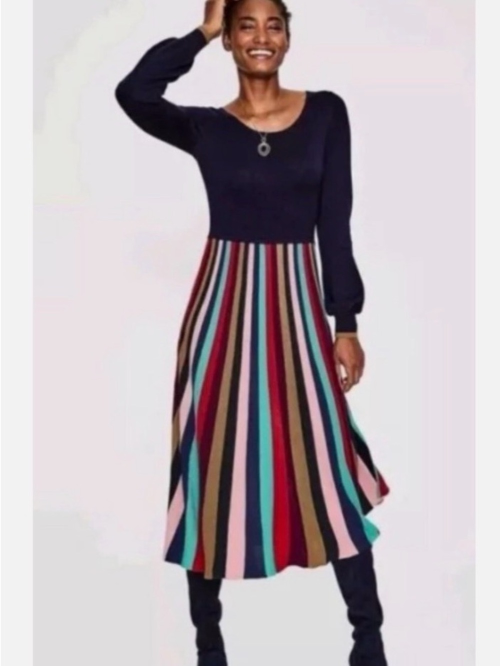 BODEN Margie Rainbow Fit & Flare Knit Midi Dress. Long-sleeve (S)
